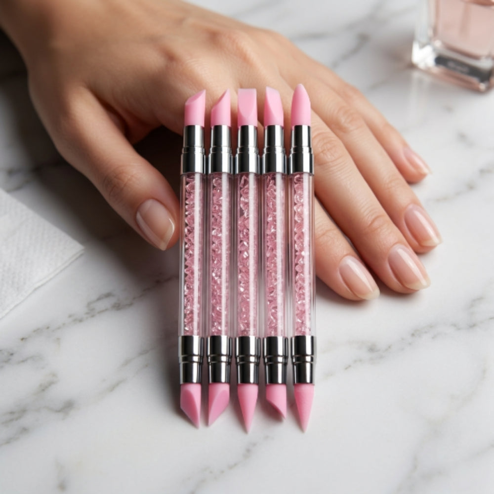 Set de Herramientas de Silicón para Diseño 3D de Uñas | Kit Esculpidor de Silicón Doble Punta para Nail Art | 5 Piezas Rosa