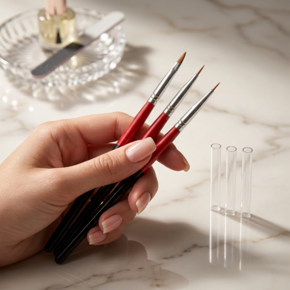 Set de Pinceles Profesionales para Gel UV | Kit de Pinceles para Aplicación de Gel Constructor y Nail Art | 3 Piezas Rojo y