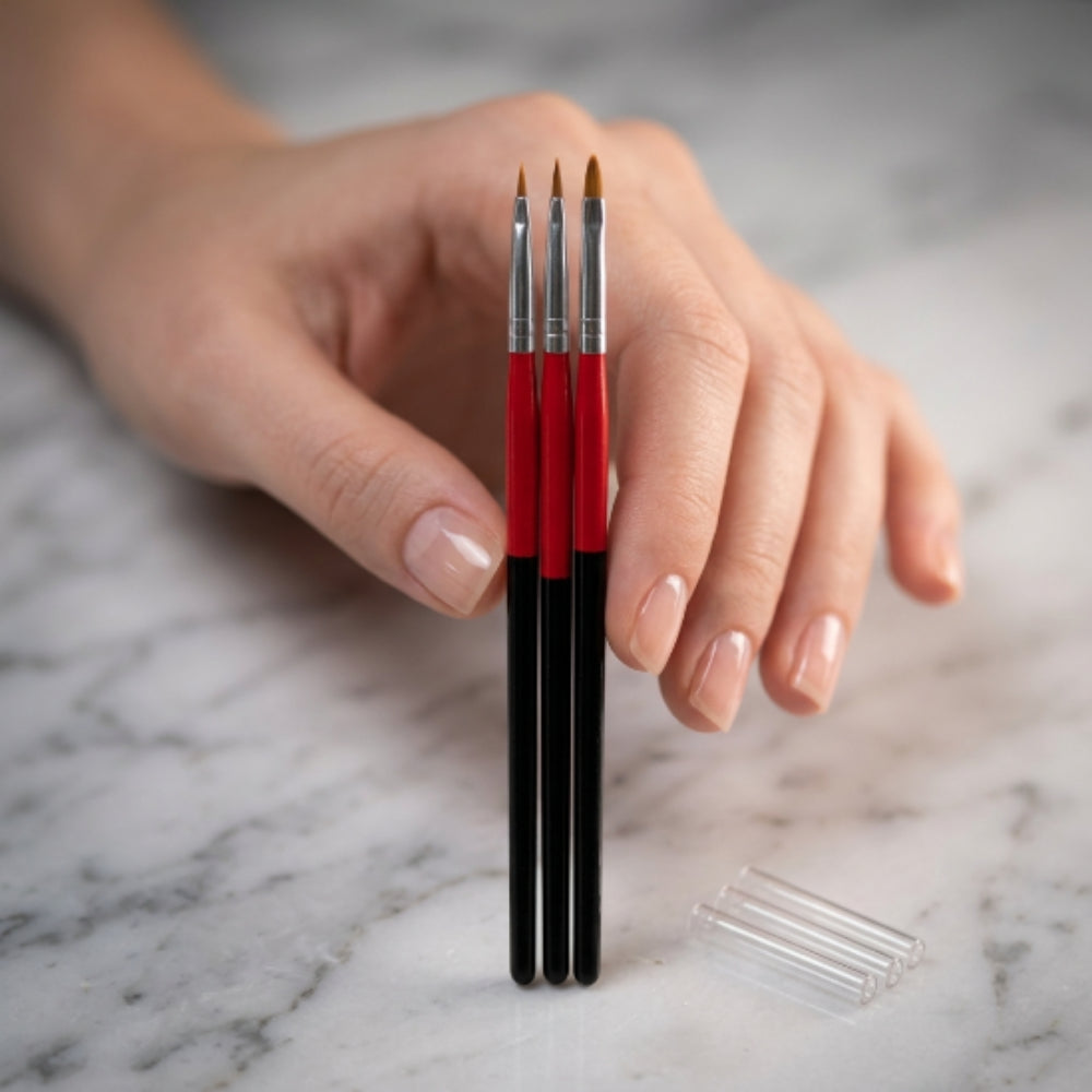 Set de Pinceles Profesionales para Gel UV | Kit de Pinceles para Aplicación de Gel Constructor y Nail Art | 3 Piezas Rojo y