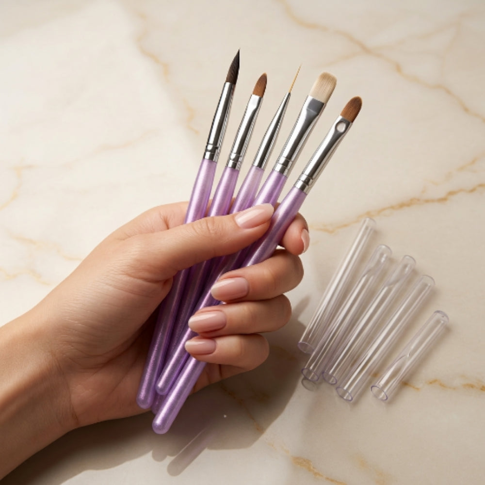 Set de Pinceles Profesionales para Uñas | Acrílico, Mano Alzada, Liner, Polygel y Gel | Kit 5 Piezas Morado - Pinceles
