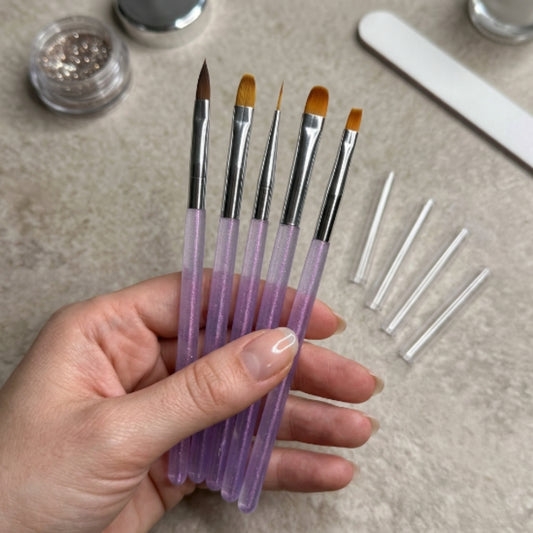 Set de Pinceles Profesionales para Uñas | Acrílico, Mano Alzada, Liner, Polygel y Gel | Kit 5 Piezas Morado - Pinceles