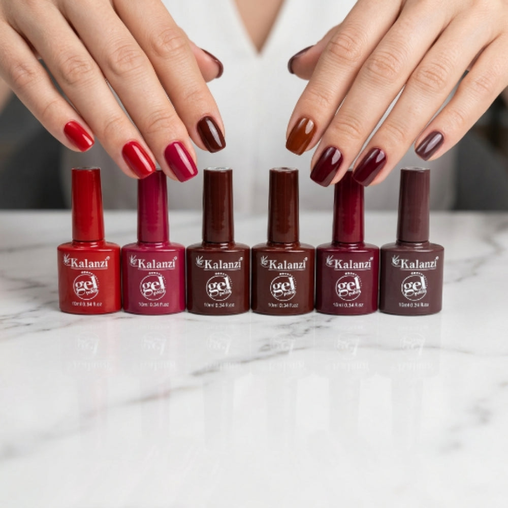 Gel Polish Kalanzi 10 ml Gama Rojos, Vinos y Marrones – 6 Tonos para Uñas - Gamas - Elegans Nails