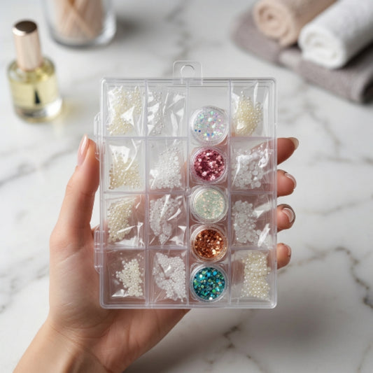 Set de Glitter con Perlas para Decoración de Uñas Nail Art Multicolor en Estuche Organizador - Glitter - Elegans Nails