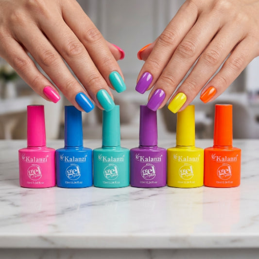 Gel Polish Kalanzi 10 ml Gama Colores Vibrantes – 6 Tonos Rosa, Azul, Turquesa, Morado, Amarillo y Naranja - Gamas - Elegans