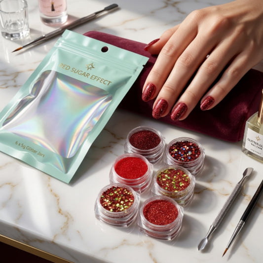 Efecto Azúcar Rojo para Uñas – Set de Glitter 6 Colores Nail Art Profesional - Efectos - Elegans Nails