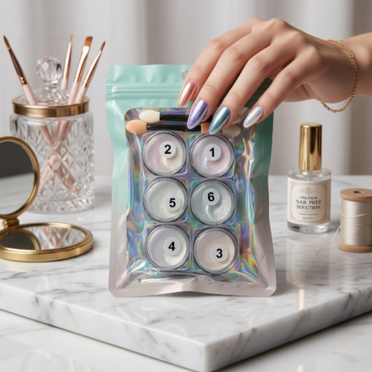 Efecto Aurora para Uñas – Set de Pigmentos Cromados 6 Colores con Aplicadores Nail Art Profesional - Efectos - Elegans Nails