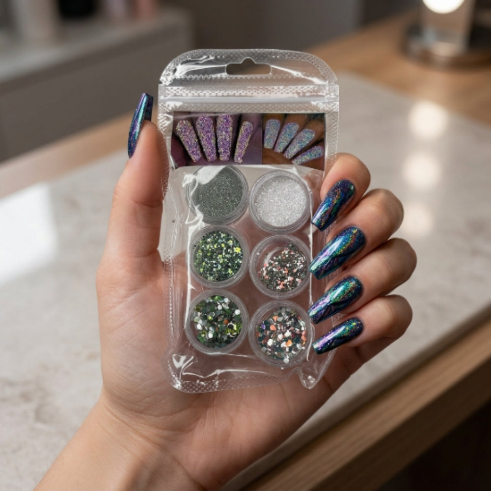 Efecto Cola de Sirena para Uñas – Set de Glitter Holográfico 6 Colores Nail Art Profesional - Efectos - Elegans Nails