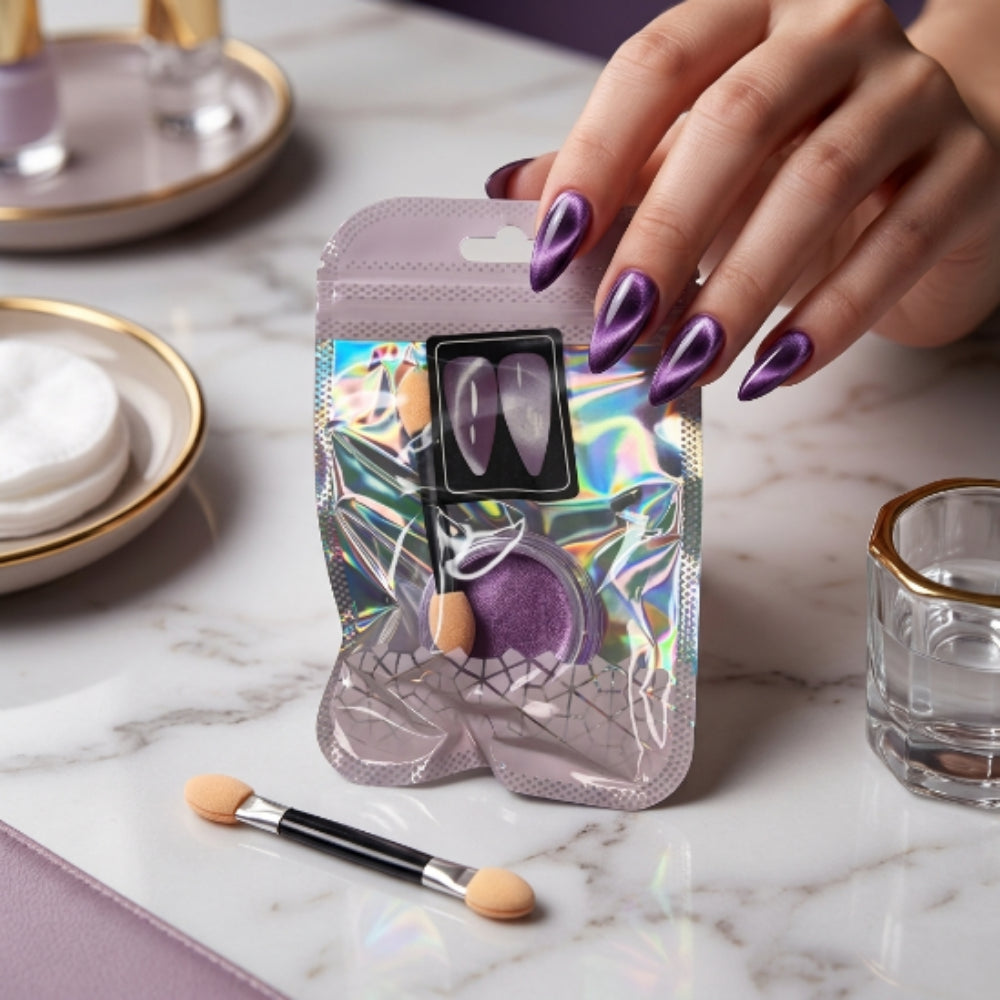Efecto Ojo de Gato Morado para Uñas – Pigmento Cat Eye Magnético con Aplicador Nail Art Profesional - Efectos - Elegans Nails