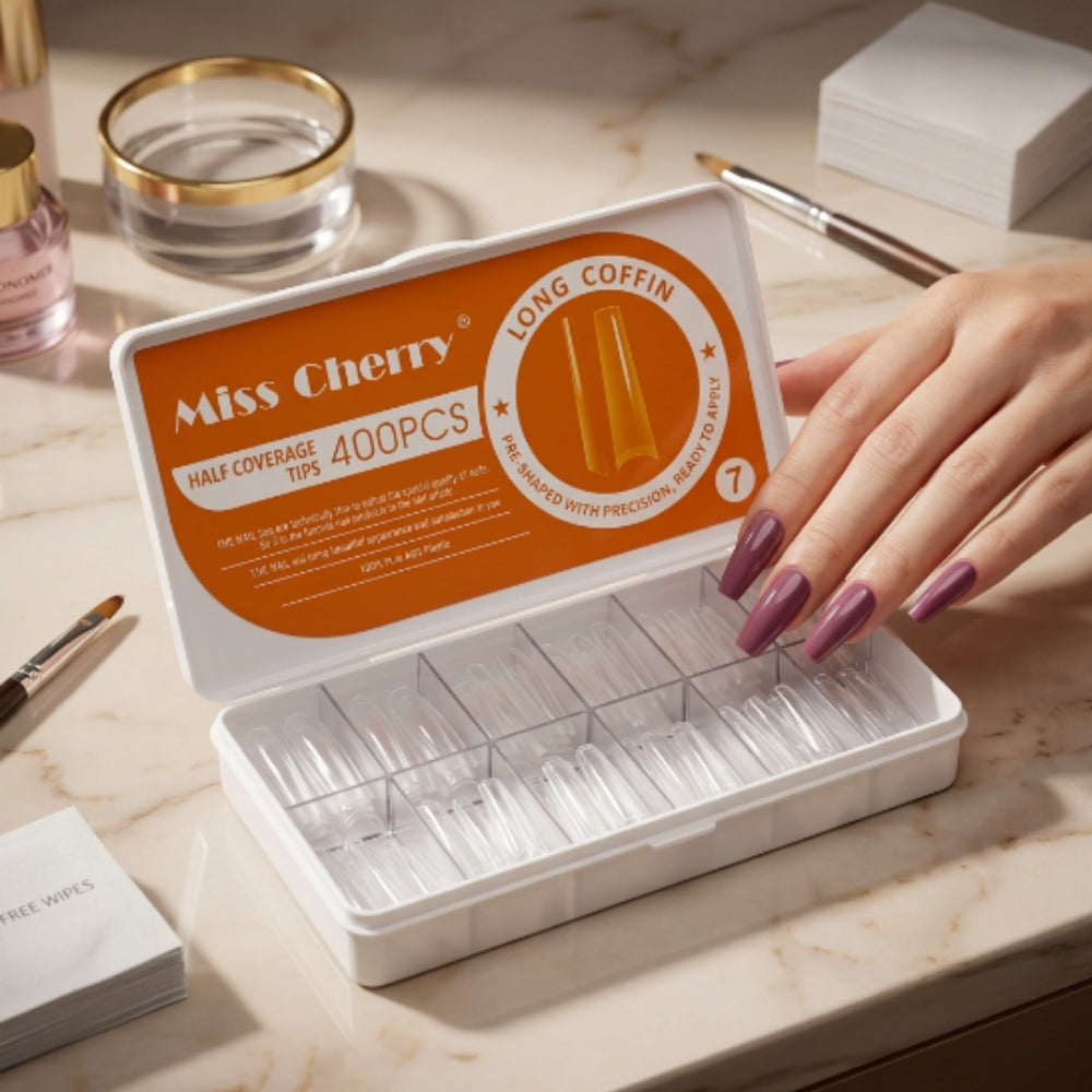 Tips Long Coffin Media Cobertura Miss Cherry 400 Piezas – Uñas Acrílicas Profesional - Tips Coffin - Elegans Nails