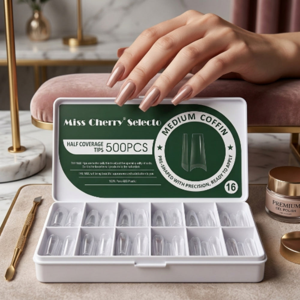 Tips Medium Coffin Media Cobertura Miss Cherry Selecto 500 Piezas – Uñas Acrílicas Profesional - Tips Coffin - Elegans Nails