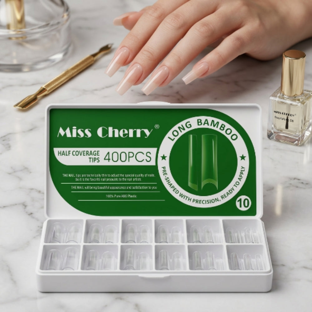 Tips Long Bamboo Media Cobertura Miss Cherry 400 Piezas – Uñas Acrílicas Profesional - Tips cuadrado - Elegans Nails