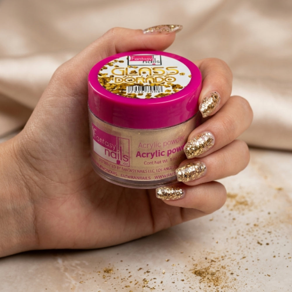 Acrílico Uñas Glass Dorado Fantasy Nails 1 oz con Glitter - Acrílico - Elegans Nails