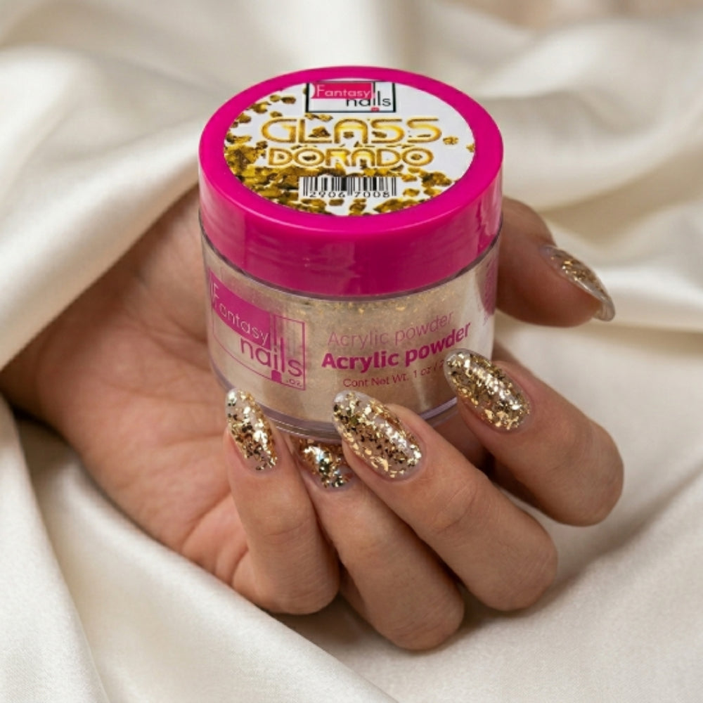 Acrílico Uñas Glass Dorado Fantasy Nails 1 oz con Glitter - Acrílico - Elegans Nails