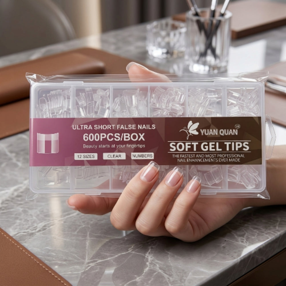 Tips Soft Gel Cuadrados Ultra Cortos Transparentes 600 Piezas – Para Soft Gel y Acrílico - Tips cuadrado - Elegans Nails