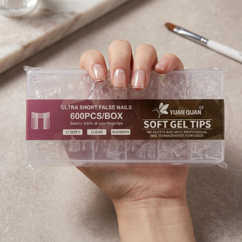 Tips Soft Gel Cuadrados Ultra Cortos Transparentes 600 Piezas – Para Soft Gel y Acrílico - Tips cuadrado - Elegans Nails