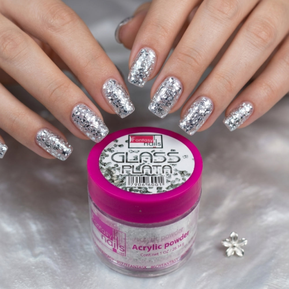 Acrílico Uñas Glass Plata Fantasy Nails 1 oz con Glitter - Acrílico - Elegans Nails