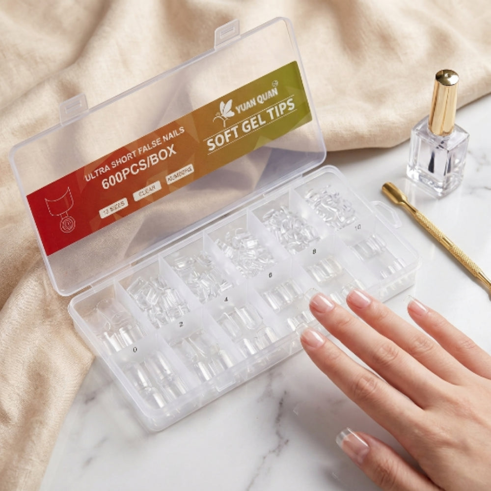 Tips Soft Gel Cuadrados Ultra Cortos Transparentes 600 Piezas – Para Soft Gel y Acrílico - Tips cuadrado - Elegans Nails