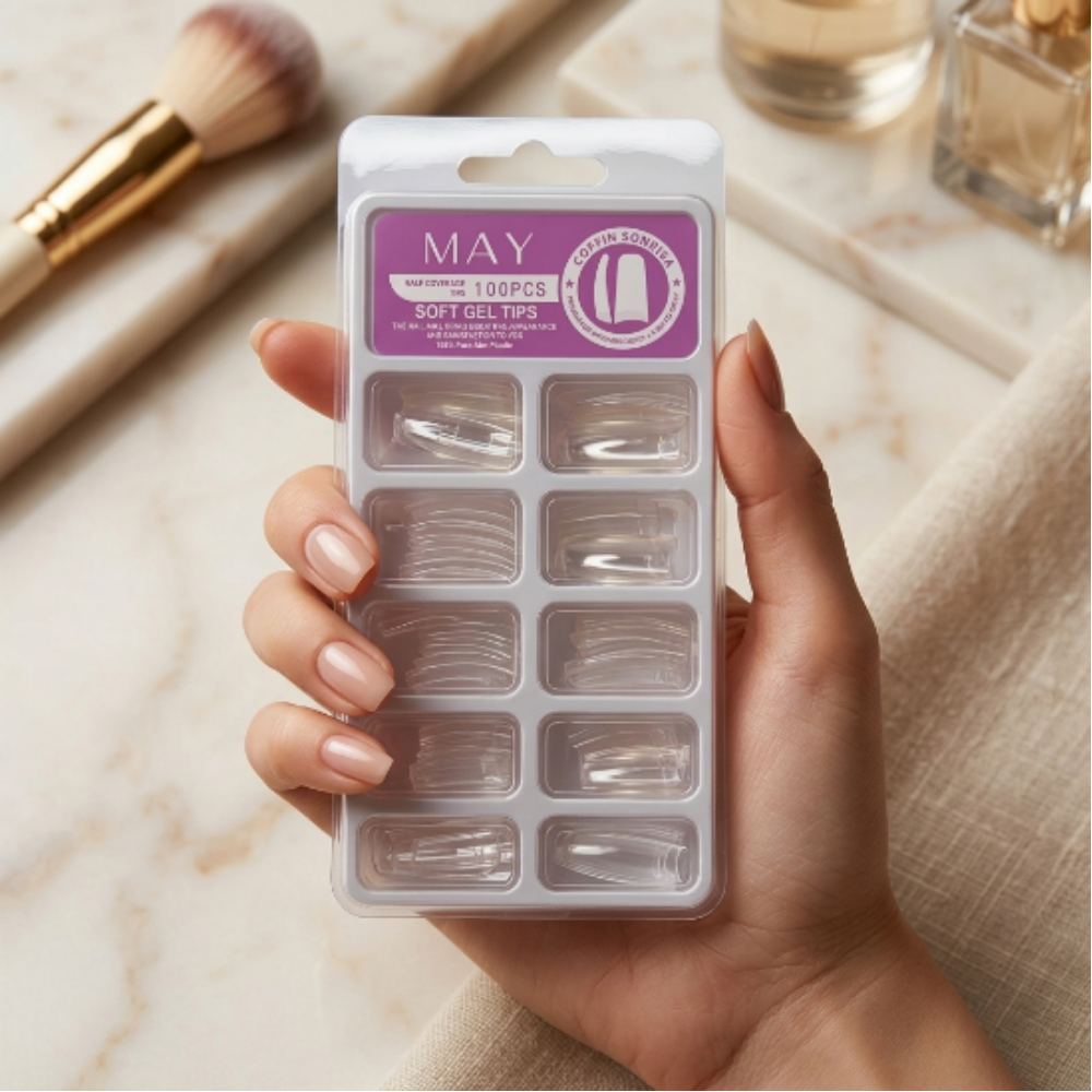 Tips Transparentes para Acrílico Coffin 100 Piezas – Media Cobertura Profesional - Tips Coffin - Elegans Nails
