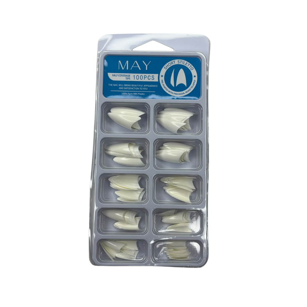 Tips para Acrílico Stiletto Blancos 100 Piezas MAY – Uñas Postizas Half Cover Profesionales - Tips Stiletto - Elegans Nails