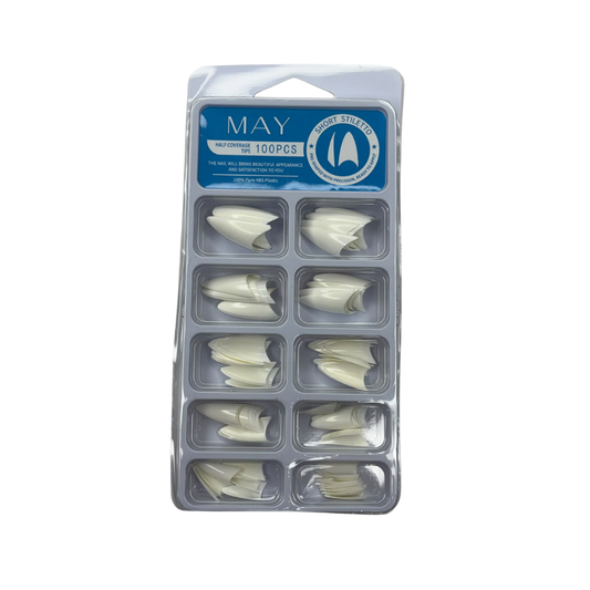 Tips para Acrílico Stiletto Blancos 100 Piezas MAY – Uñas Postizas Half Cover Profesionales - Tips Stiletto - Elegans Nails