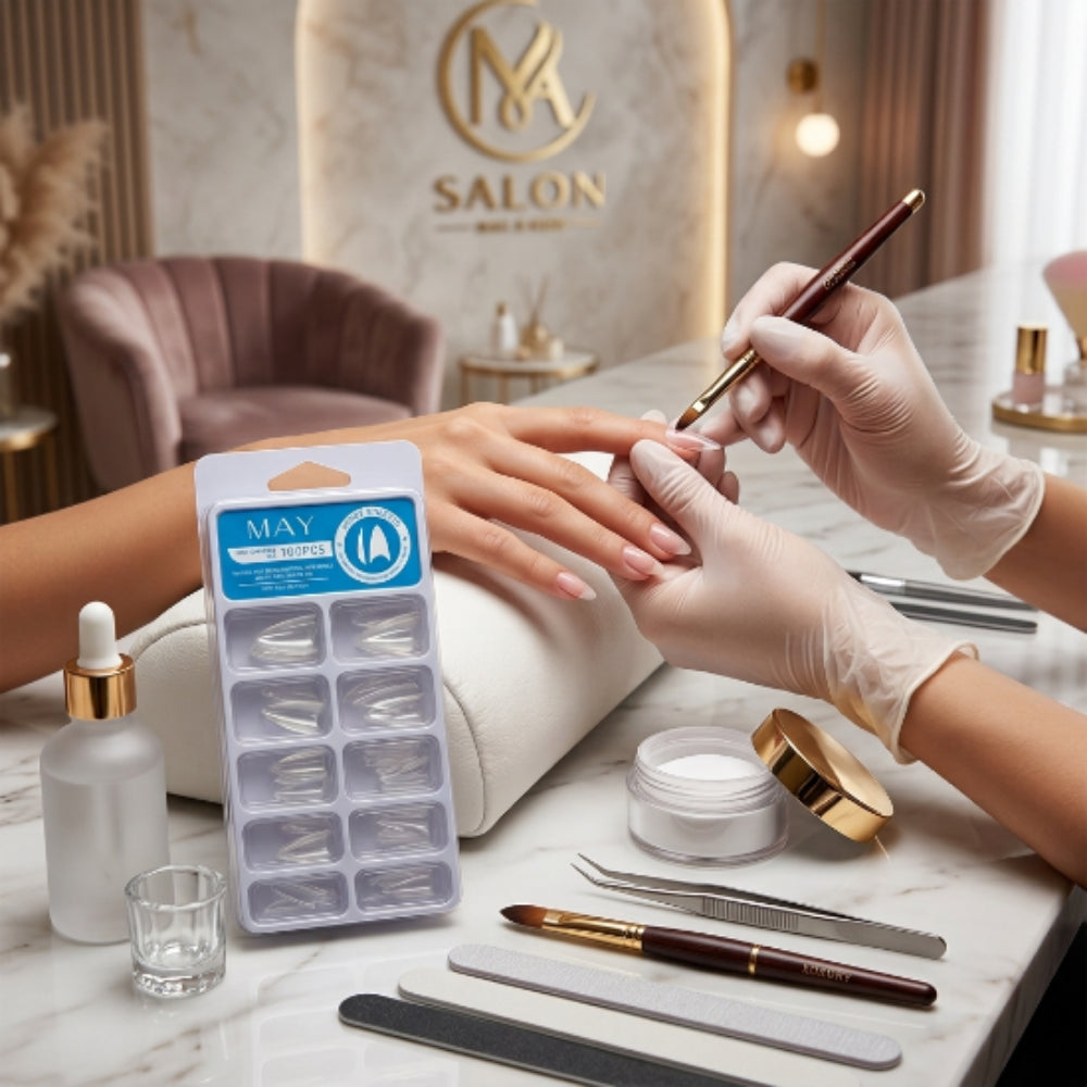 Tips para Acrílico Stiletto Transparentes 100 Piezas MAY – Uñas Postizas Half Cover Profesionales - Tips Stiletto - Elegans