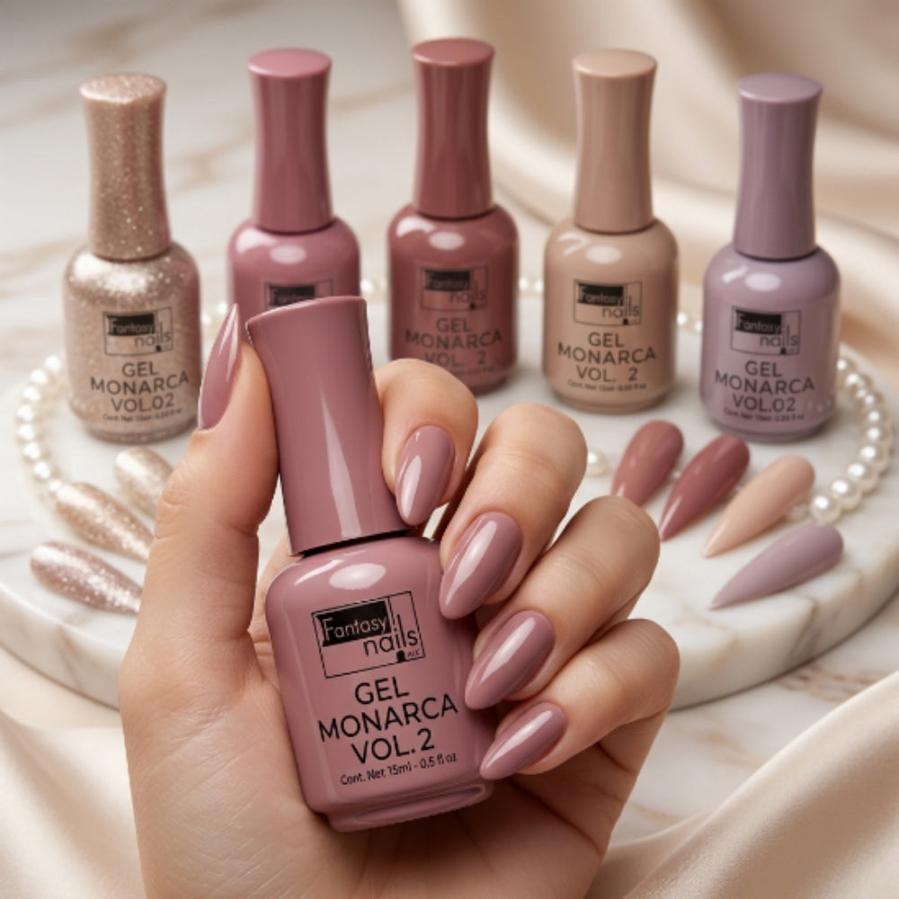 Gama Monarca Vol. 2 Fantasy Nails Gel de Color Semipermanente Colección Nude, Rosados y Glitter - Gamas - Elegans Nails