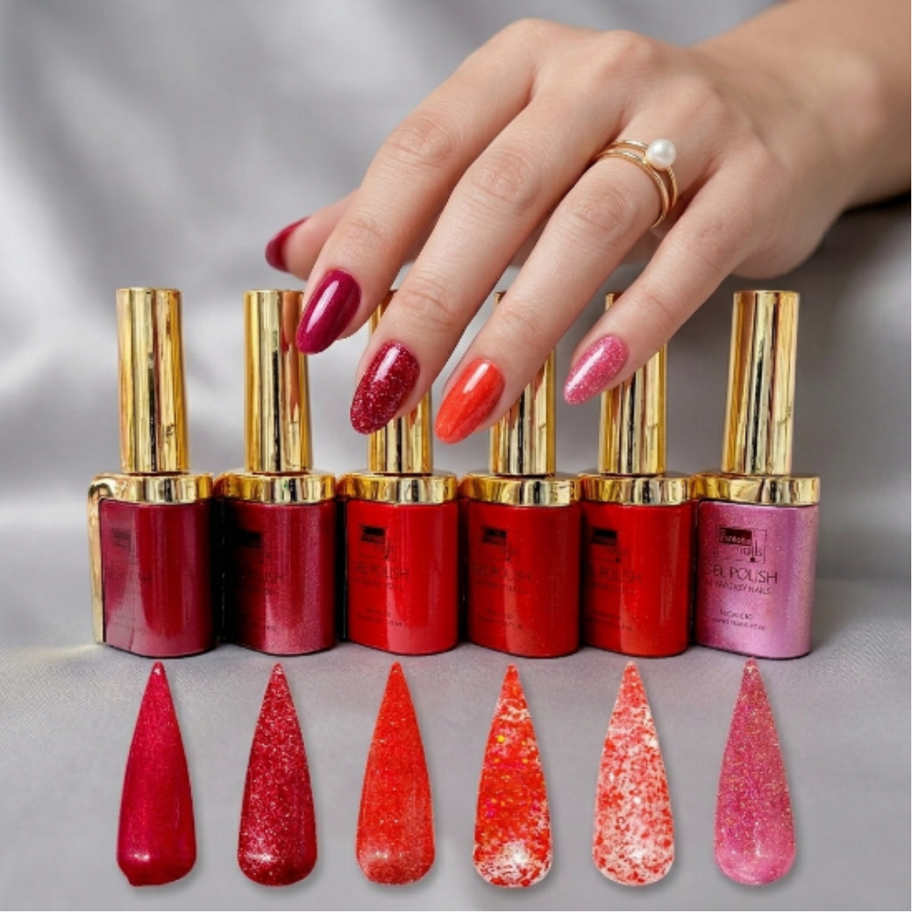 Gama de Vino de Rosas Fantasy Nails Gel de Color Semipermanente Colección Tonos Vino, Rojo, Rosa y Glitter - Gamas - Elegans