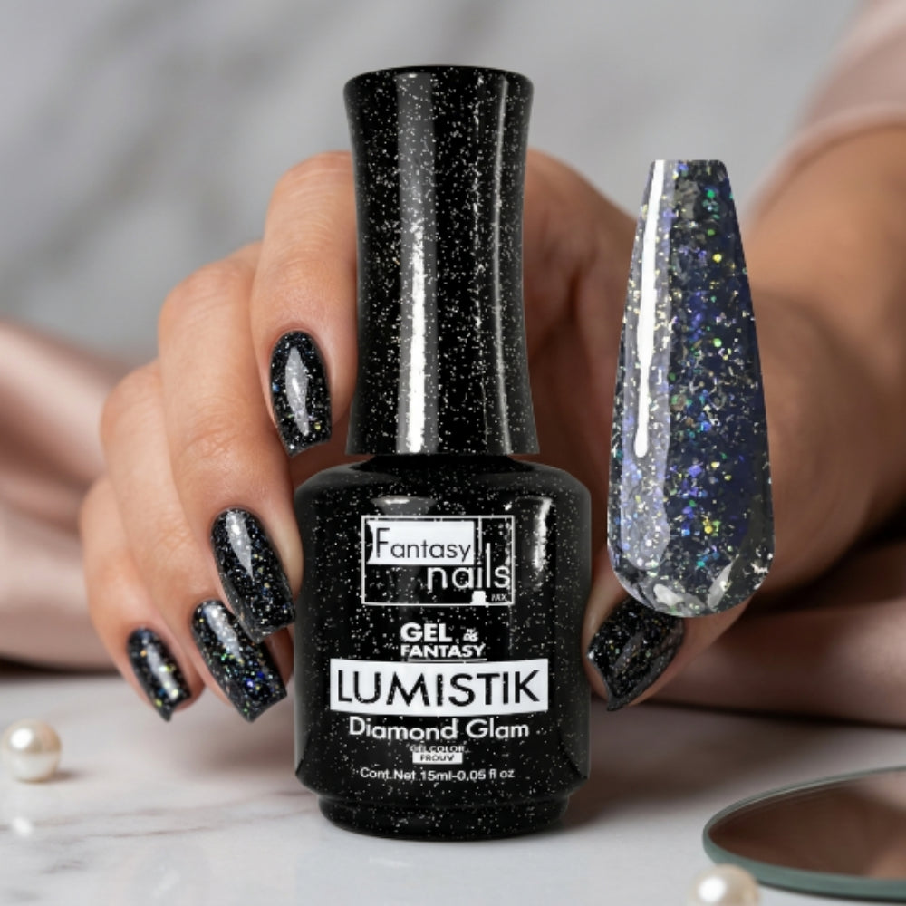 Gel Lumistik Diamond Glam Negro Fantasy Nails Gel de Color Semipermanente con Glitter 15 ml - Gel - Elegans Nails
