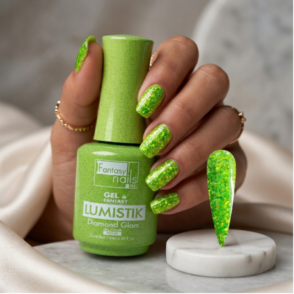 Gel Lumistik Diamond Glam Verde Fantasy Nails Gel de Color Semipermanente con Glitter 15 ml - Gel - Elegans Nails