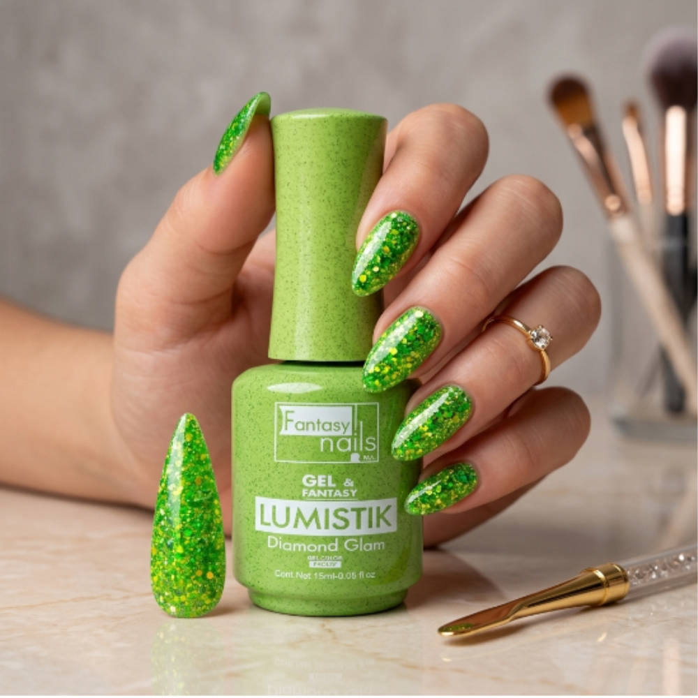 Gel Lumistik Diamond Glam Verde Fantasy Nails Gel de Color Semipermanente con Glitter 15 ml - Gel - Elegans Nails