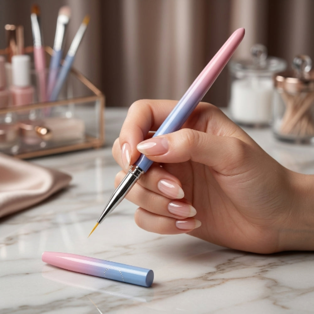 Pincel Liner No. 2 para Nail Art con Tapa Protectora Degradado Rosa y Azul | Punta Ultrafina para Decoración de Uñas |