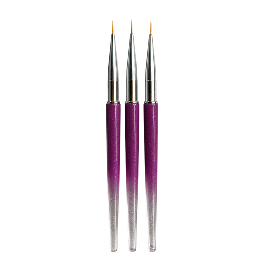Set de 3 Pinceles Liner para Nail Art con Tapa Protectora Color Morado | Punta Ultrafina para Decoración de Uñas | Kit