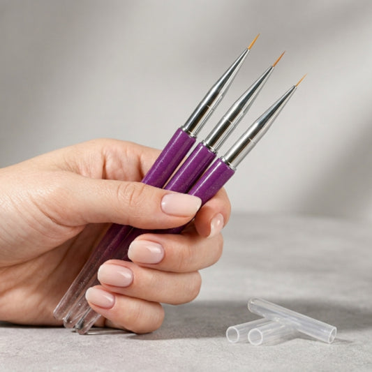 Set de 3 Pinceles Liner para Nail Art con Tapa Protectora Color Morado | Punta Ultrafina para Decoración de Uñas | Kit