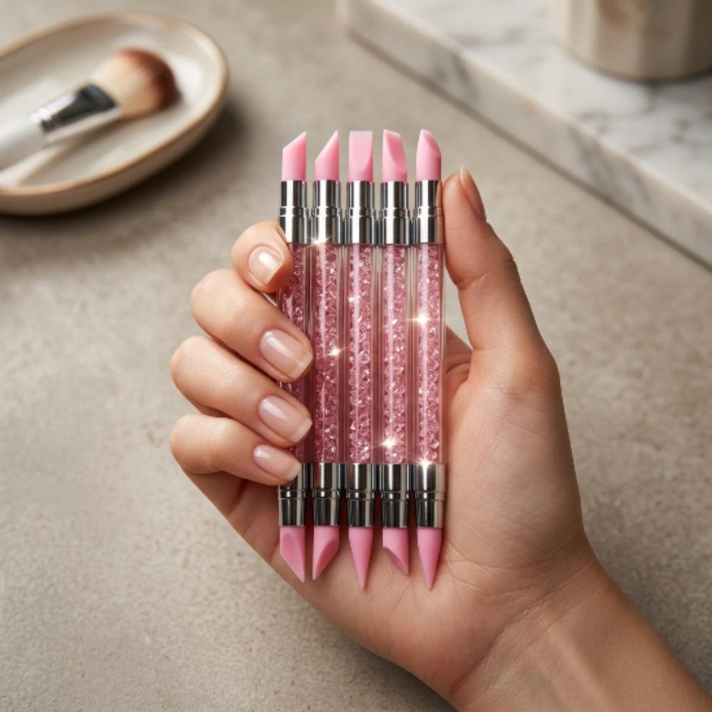 Set de Herramientas de Silicón para Diseño 3D de Uñas | Kit Esculpidor de Silicón Doble Punta para Nail Art | 5 Piezas Rosa