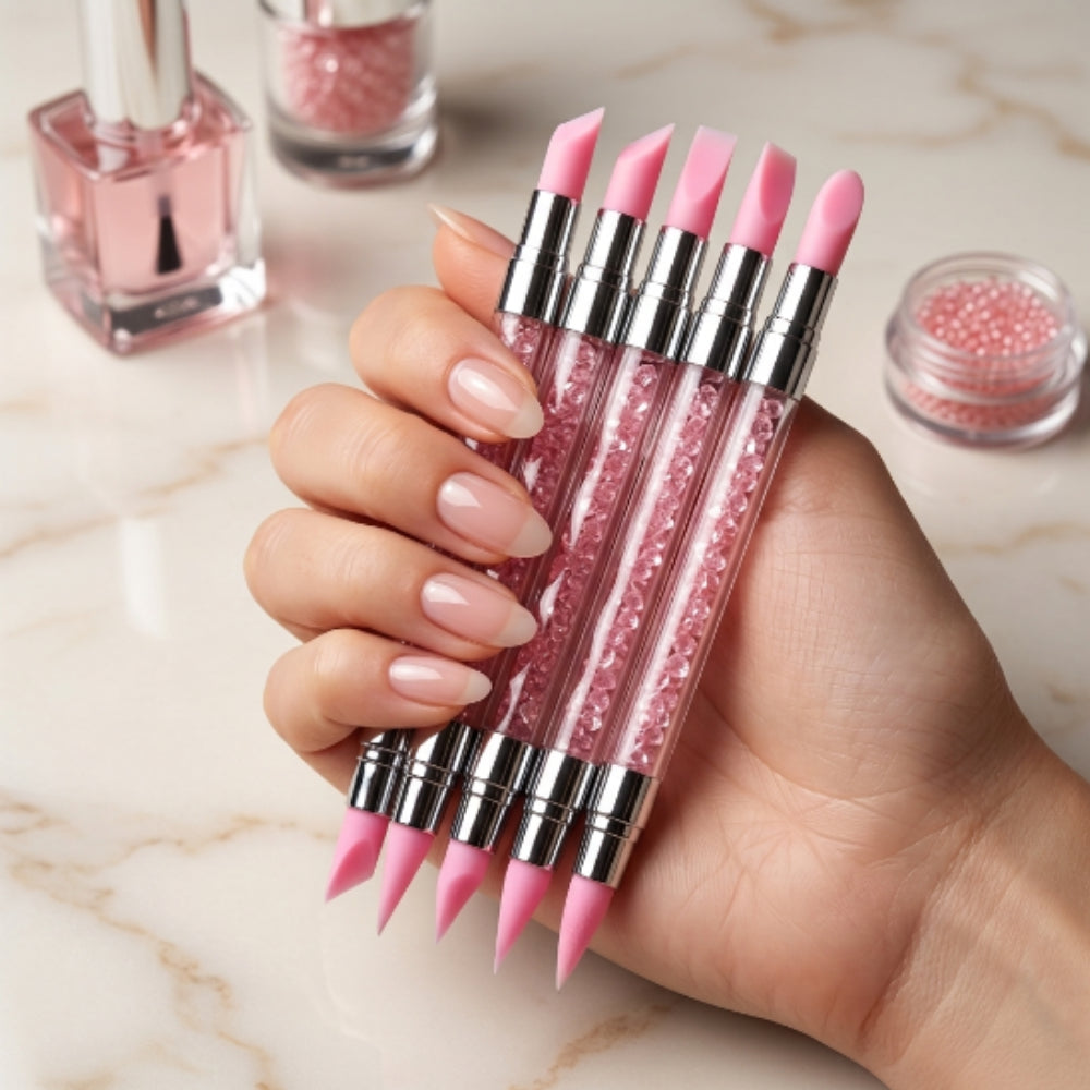 Set de Herramientas de Silicón para Diseño 3D de Uñas | Kit Esculpidor de Silicón Doble Punta para Nail Art | 5 Piezas Rosa