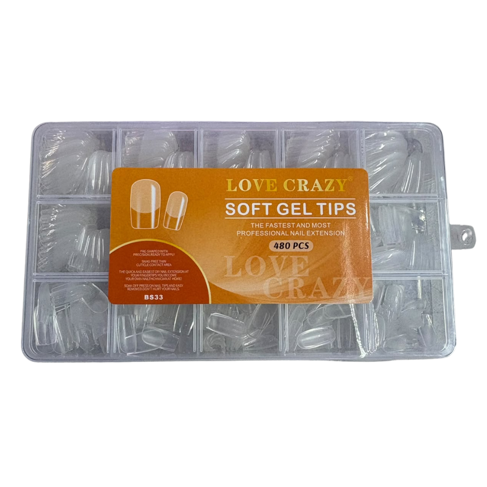 Tips Soft Gel Cuadrados Love Crazy BS33 Transparentes Caja con 480 Piezas para Extensión de Uñas - Tips Soft Gel - Elegans