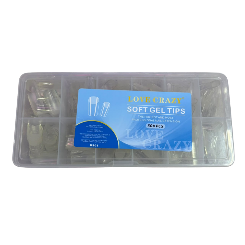 Tips Soft Gel Cuadrados Love Crazy BS01 Transparentes Caja con 504 Piezas para Extensión de Uñas - Tips Soft Gel - Elegans
