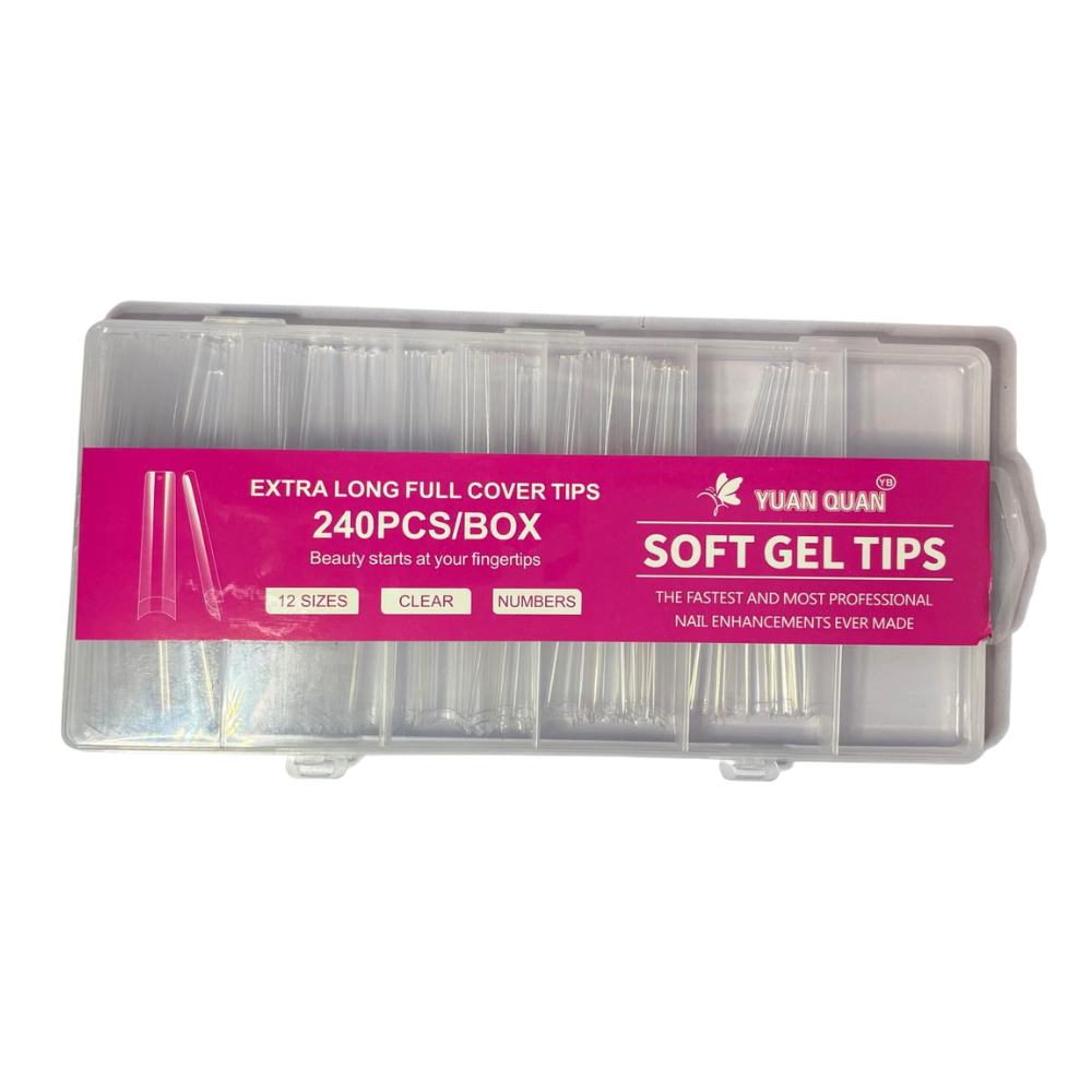 Tips Soft Gel Cuadrados Extra Largos Transparentes 240 Piezas – Para Soft Gel y Acrílico - Tips cuadrado - Elegans Nails