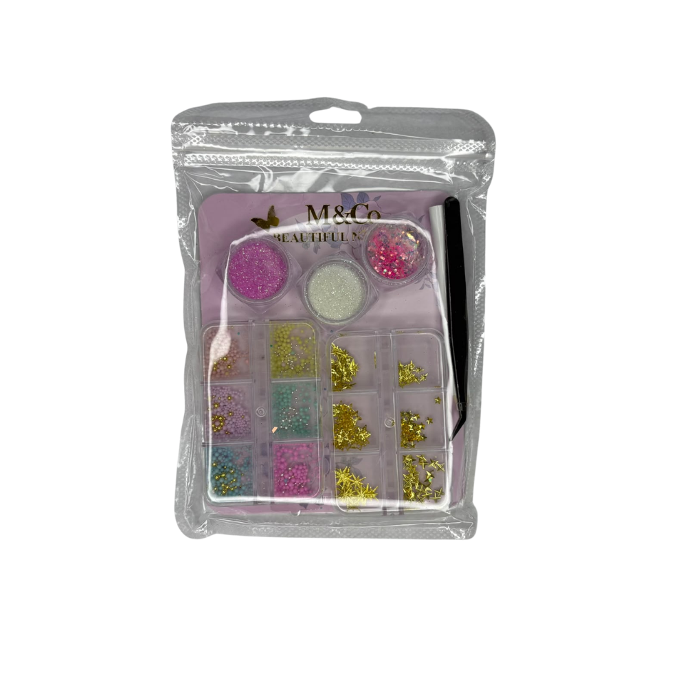 Kit de Glitter y Decoración para Uñas M&Co Beautiful Nails con Perlas, Figuras Metálicas y Pinza - Decoraciones - Elegans