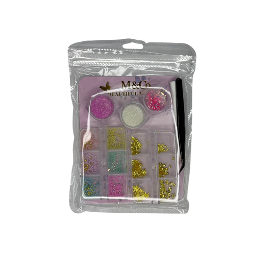 Kit de Glitter y Decoración para Uñas M&Co Beautiful Nails con Perlas, Figuras Metálicas y Pinza - Decoraciones - Elegans