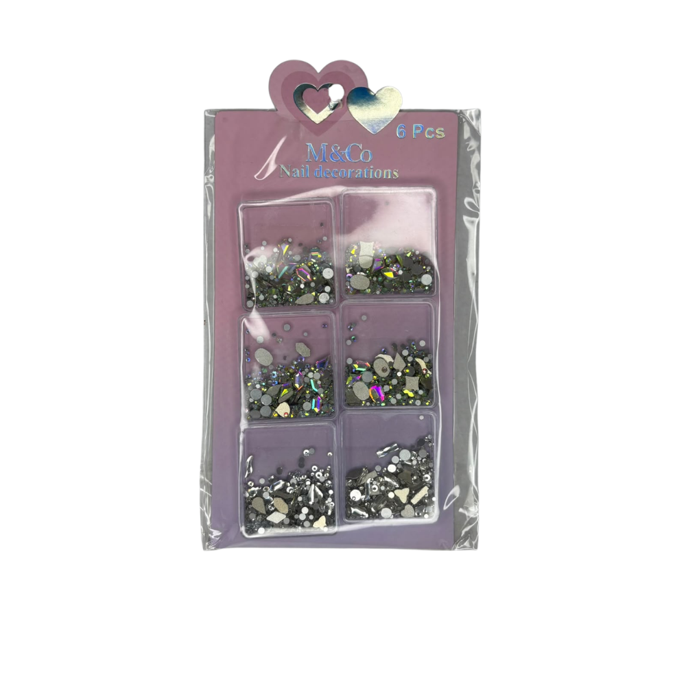 Cristales AB y Dijes Plateados para Uñas 6 Compartimentos Nail Art - Decoraciones - Elegans Nails