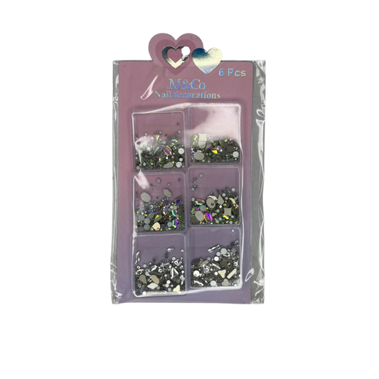 Cristales AB y Dijes Plateados para Uñas 6 Compartimentos Nail Art - Decoraciones - Elegans Nails