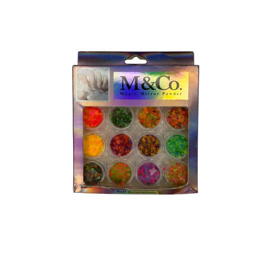 Kit de Acetato Decorativo para Uñas M&Co Magic Mirror Powder Nail Decorations 12 Colores - Decoraciones - Elegans Nails